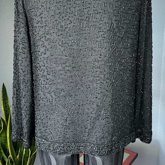 VTG 80s Laurence Kazar Silk Sequins Beaded Jacket Party Event Holiday Black MP - Picture 7 of 10